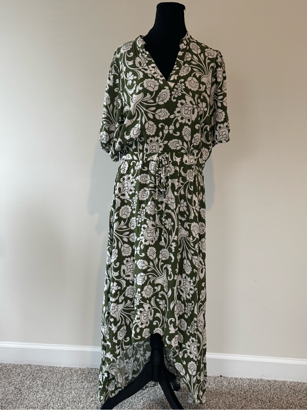 MSK Green White Floral High Low Midi Dress L Rayon Boho Casual Summer